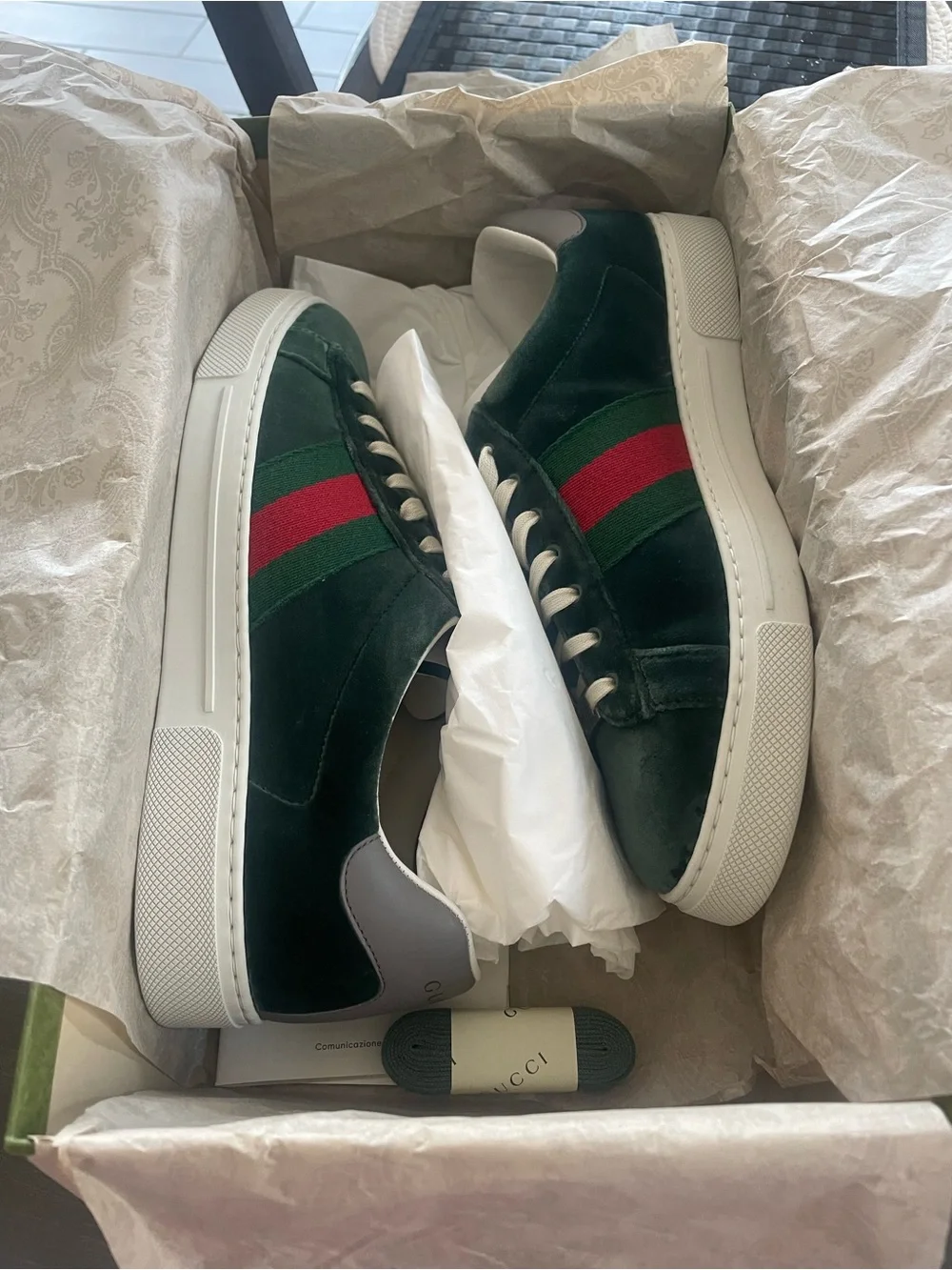 Gucci Green Velvet Sneakers with Red & Green Web Stripe